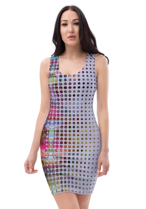 wild peach clothing | Colorful kaleidoscope lavender bodycon dress | Front view