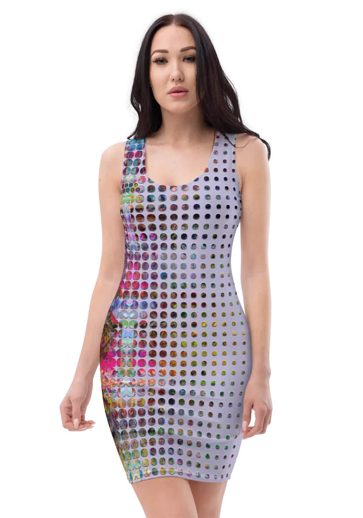 wild peach clothing | Colorful kaleidoscope lavender bodycon dress | Front view