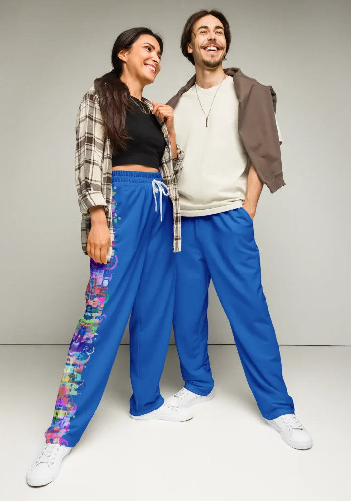 wild peach clothing | Carnival Column Denim Blue Track Pants | Front