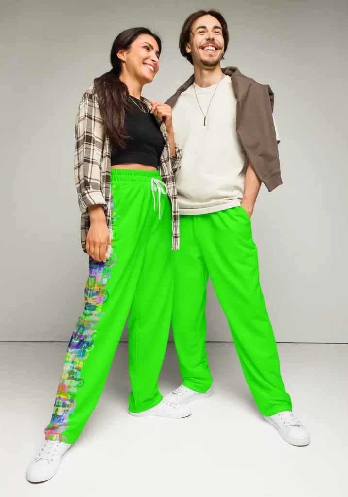 wild peach clothing | Carnival Column Neon Green Track Pants | Front